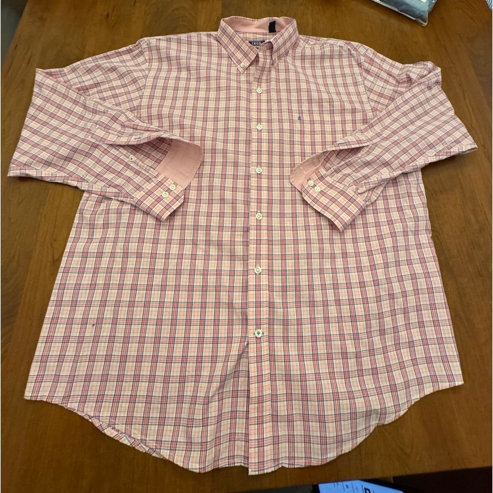 IZOD Mens XL Premium Essentials Pink Blue Plaid Button Down Shirt Long Sleeve